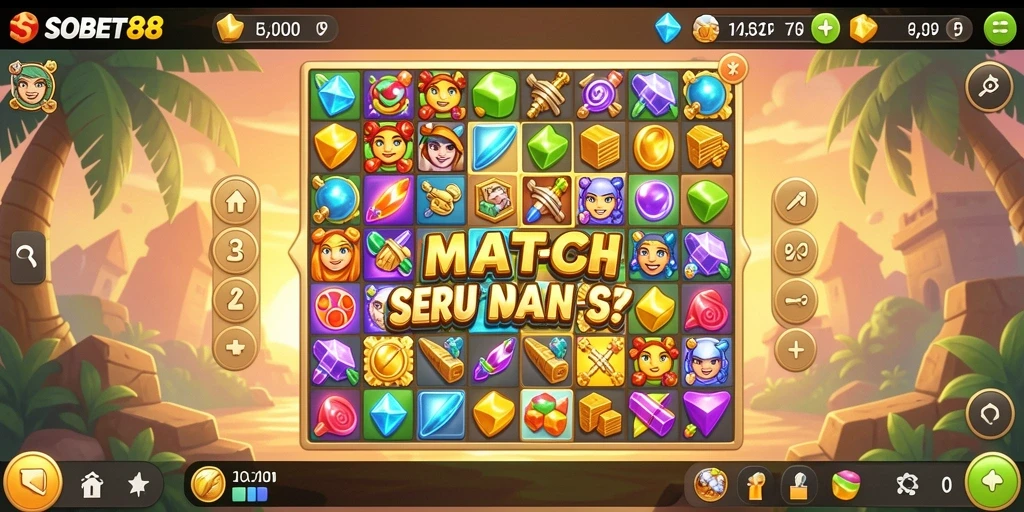 Screenshot utama menunjukkan gameplay mencocokkan elemen di SOBET88.